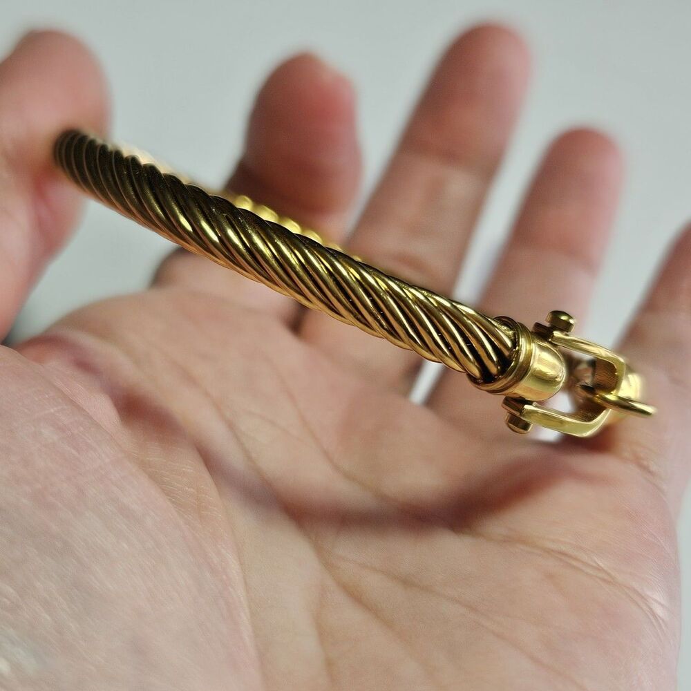 Gold Tone Bangle Bracelet Buckle Hook Closure Twisted Texture Approx 6.5" - Picture 5 of 14